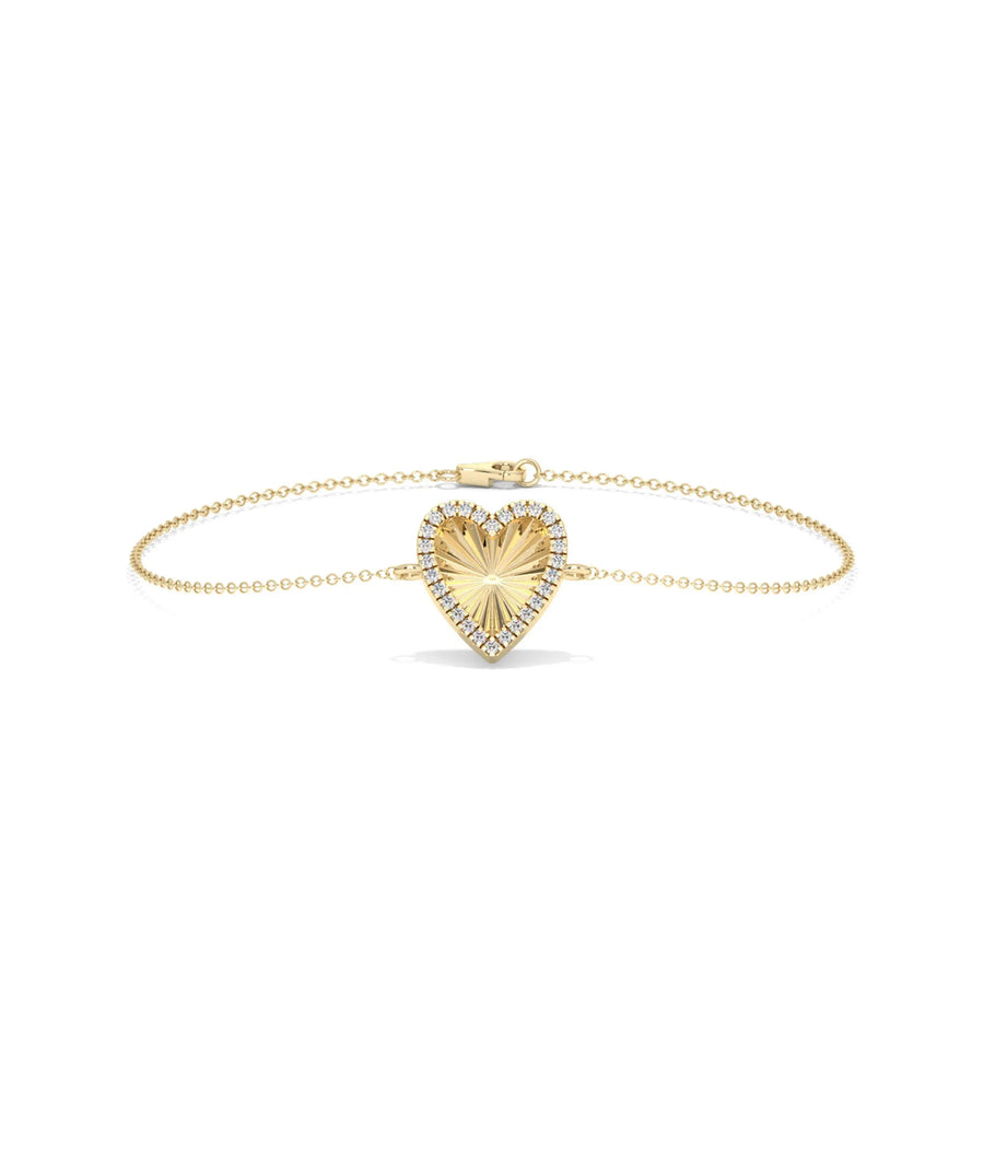 Fluted Heart Bracelet front view yellow gold with diamond heart charm
