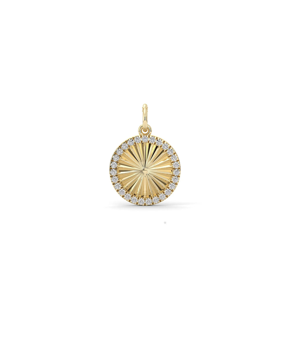 Fluted Circle Charm front view yellow gold with diamond circle design