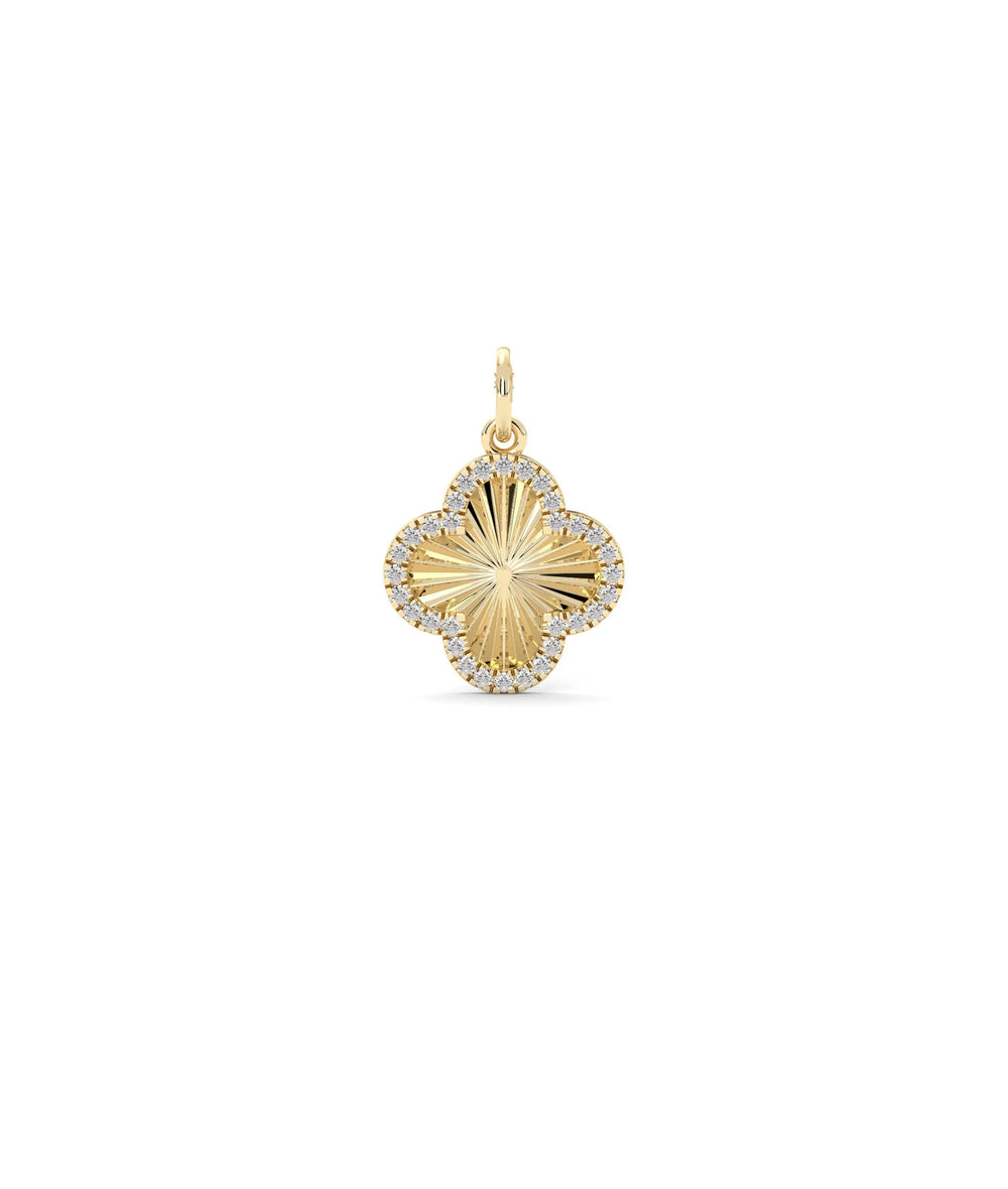 Fluted Clover Charm front view yellow gold with diamond four leaf design