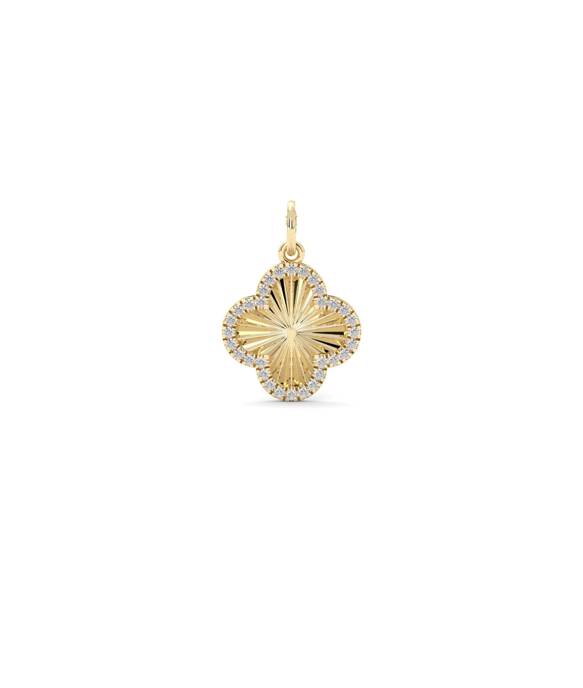 Fluted Clover Charm front view yellow gold with diamond four leaf design