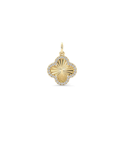 Fluted Clover Charm front view yellow gold with diamond four leaf design