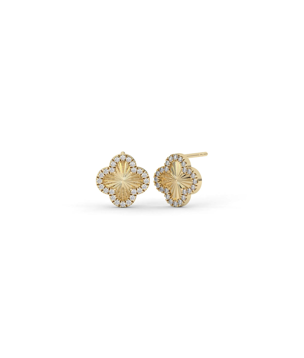 Fluted Clover Stud Earrings front view yellow gold with diamond clovers