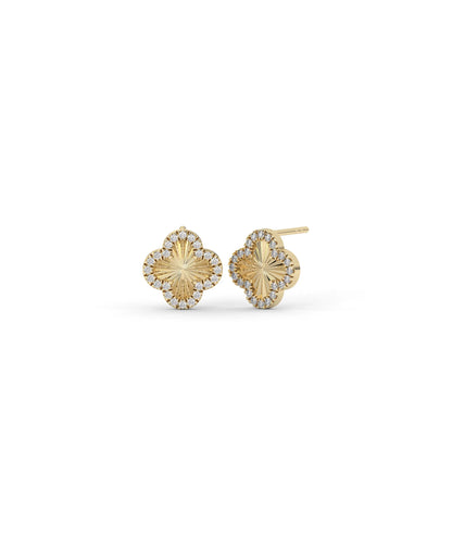 Fluted Clover Stud Earrings front view yellow gold with diamond clovers