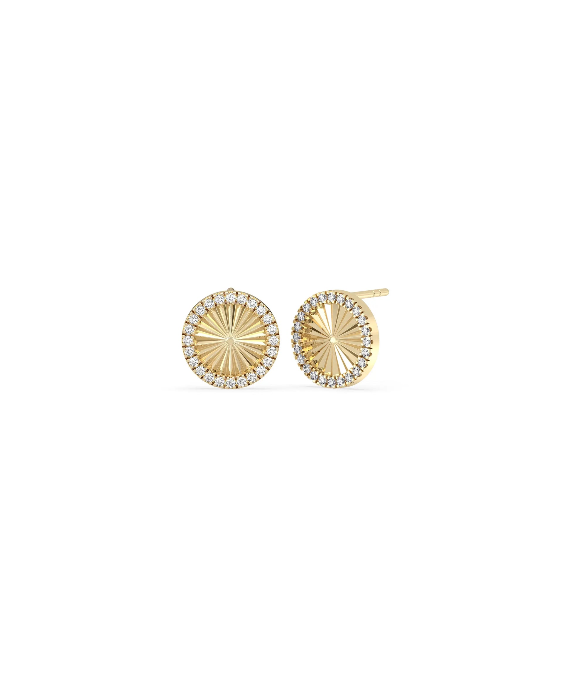 Fluted Circle Stud Earrings front view yellow gold with diamond circle