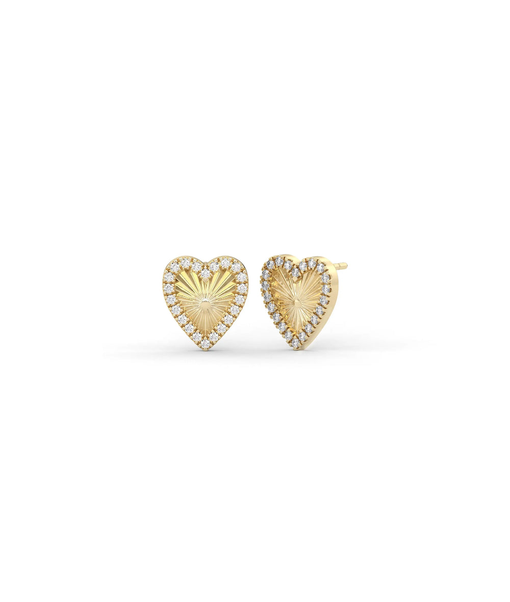 Fluted Heart Stud Earrings front view yellow gold with diamond hearts