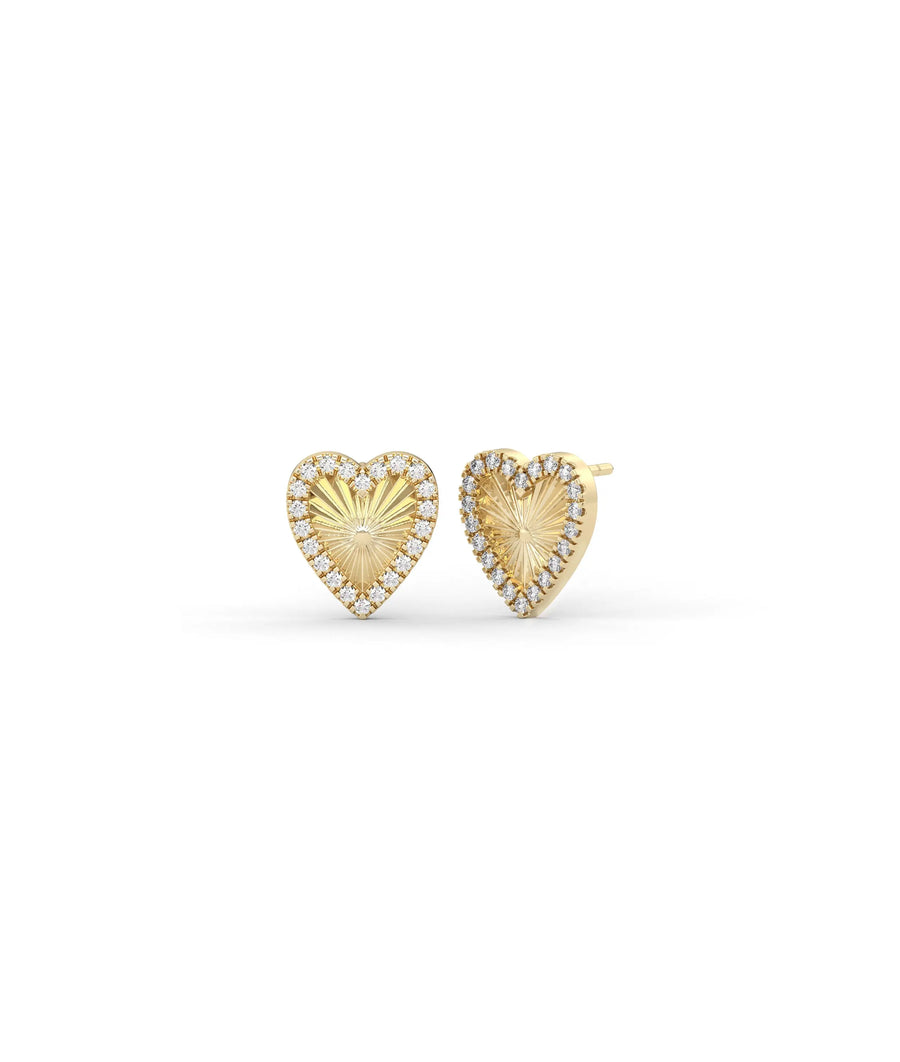 Fluted Heart Stud Earrings front view yellow gold with diamond hearts