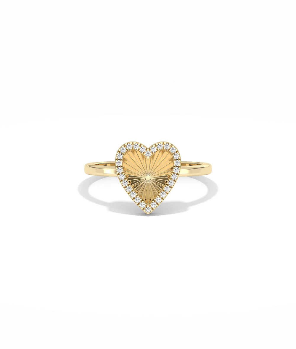 Fluted Heart Ring front view yellow gold with diamond heart detail