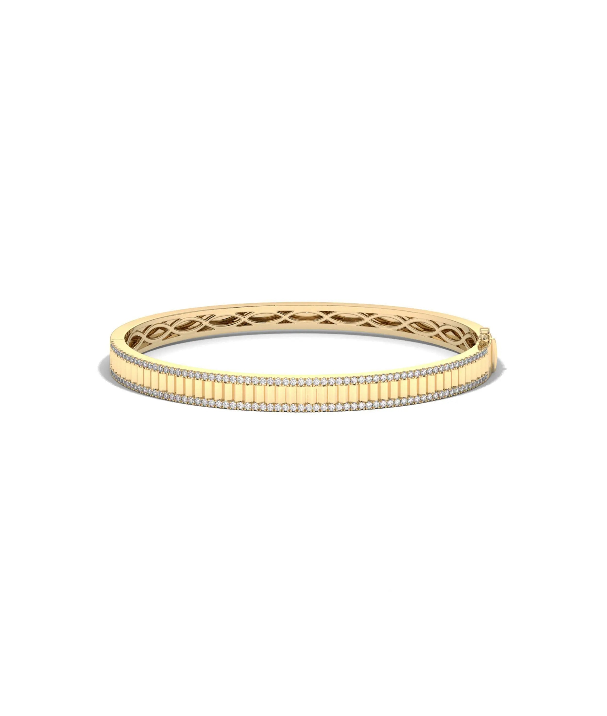 Fluted 2 row diamond bangle front view in yellow gold with dual parallel sparkle