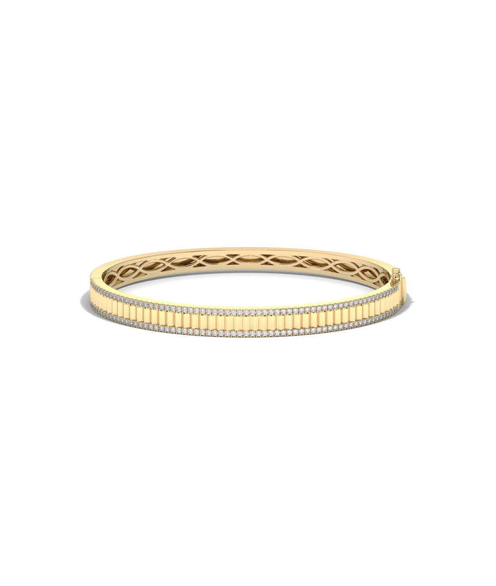 Fluted 2 row diamond bangle front view in yellow gold with dual parallel sparkle