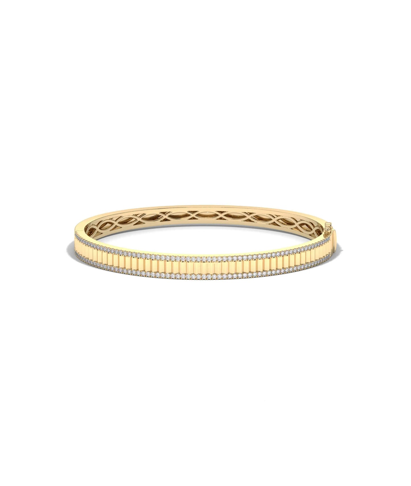 Fluted 2 row diamond bangle front view in yellow gold with dual parallel sparkle