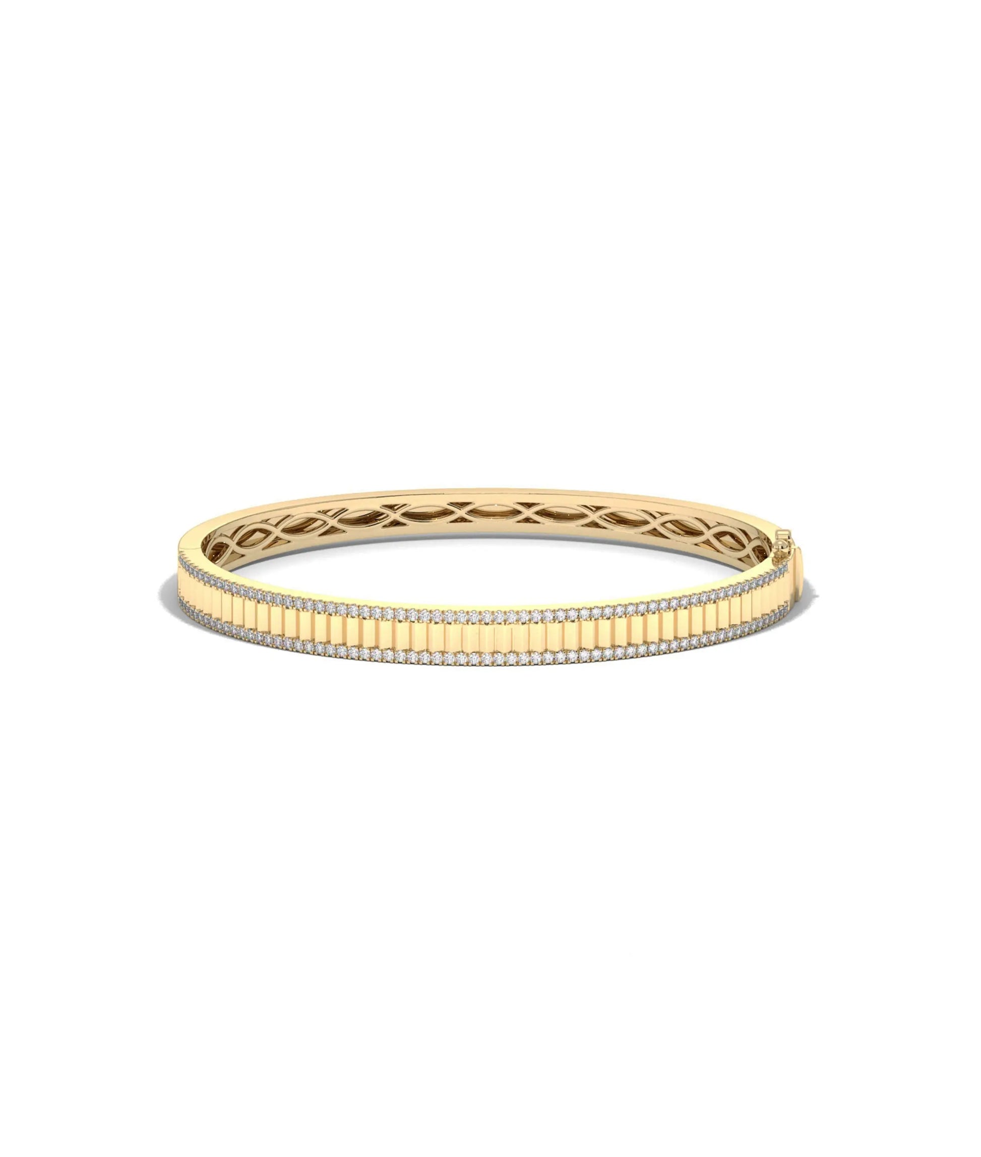 Fluted 2 row diamond bangle front view in yellow gold with dual parallel sparkle