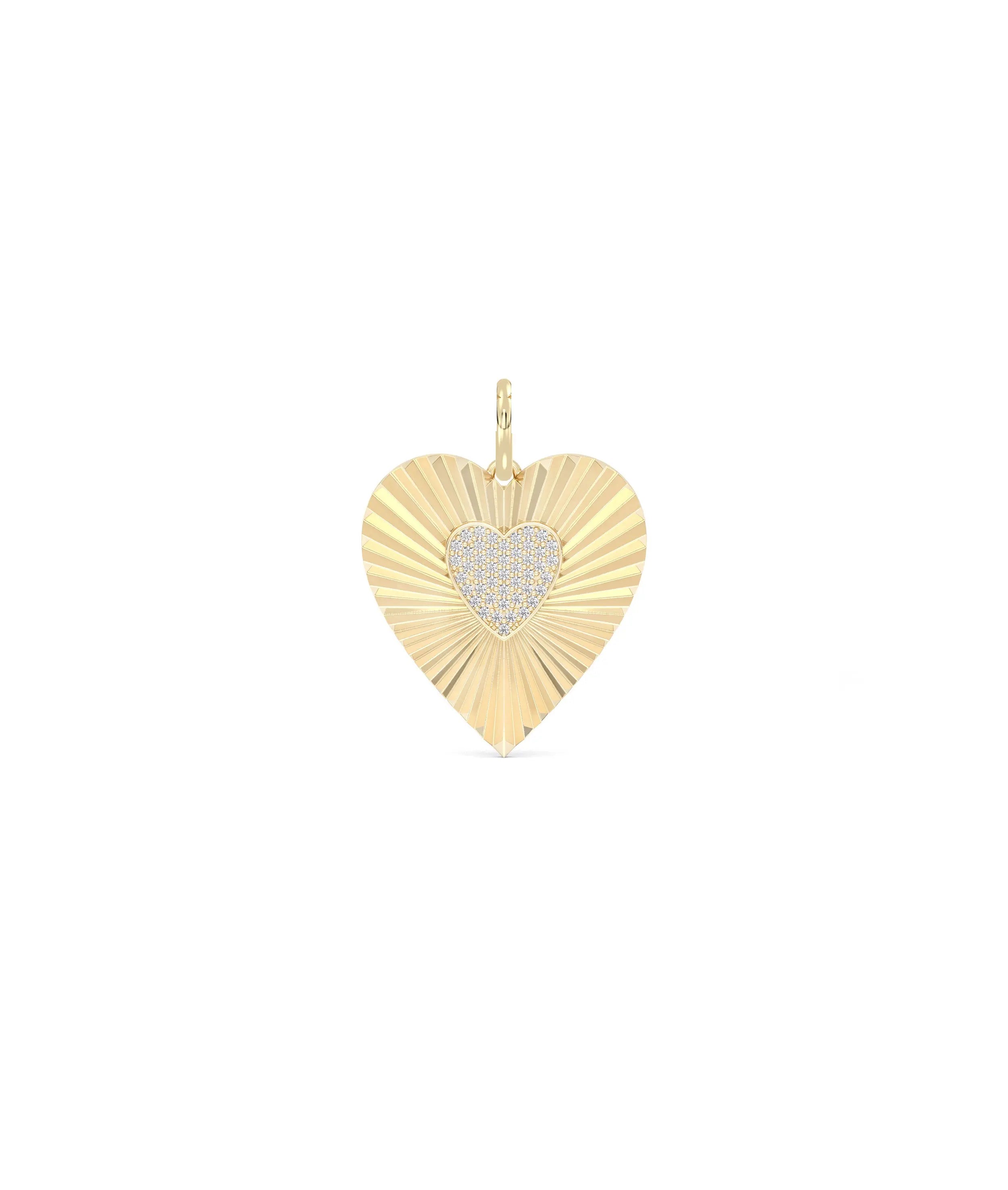 Fluted heart charm front view in yellow gold with balanced romantic design