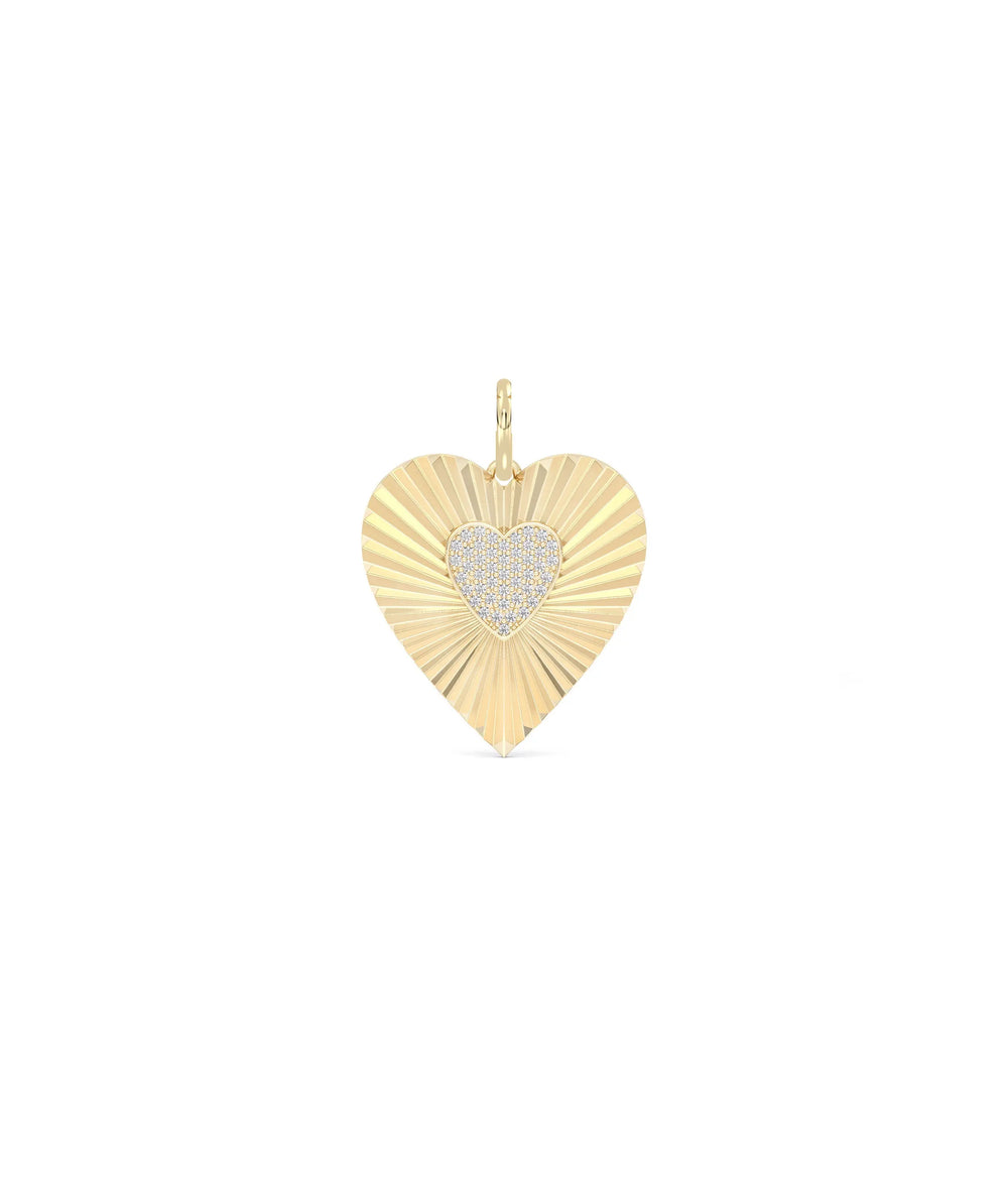 Fluted heart charm front view in yellow gold with balanced romantic design