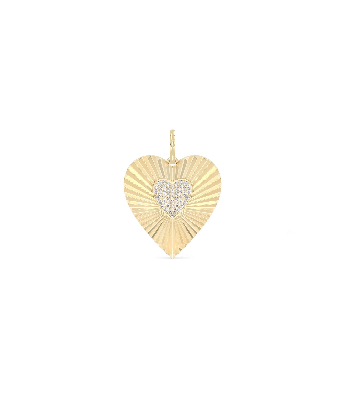 Fluted heart charm front view in yellow gold with balanced romantic design