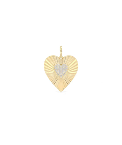Fluted heart charm front view in yellow gold with balanced romantic design