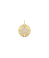 Fluted evil eye circle charm front view in yellow gold with substantial diamonds