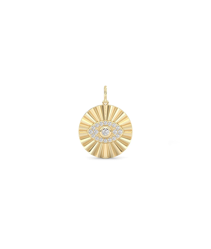 Fluted evil eye circle charm front view in yellow gold with substantial diamonds