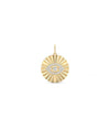 Fluted evil eye circle charm front view in yellow gold with substantial diamonds