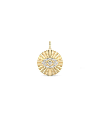 Fluted evil eye circle charm front view in yellow gold with substantial diamonds