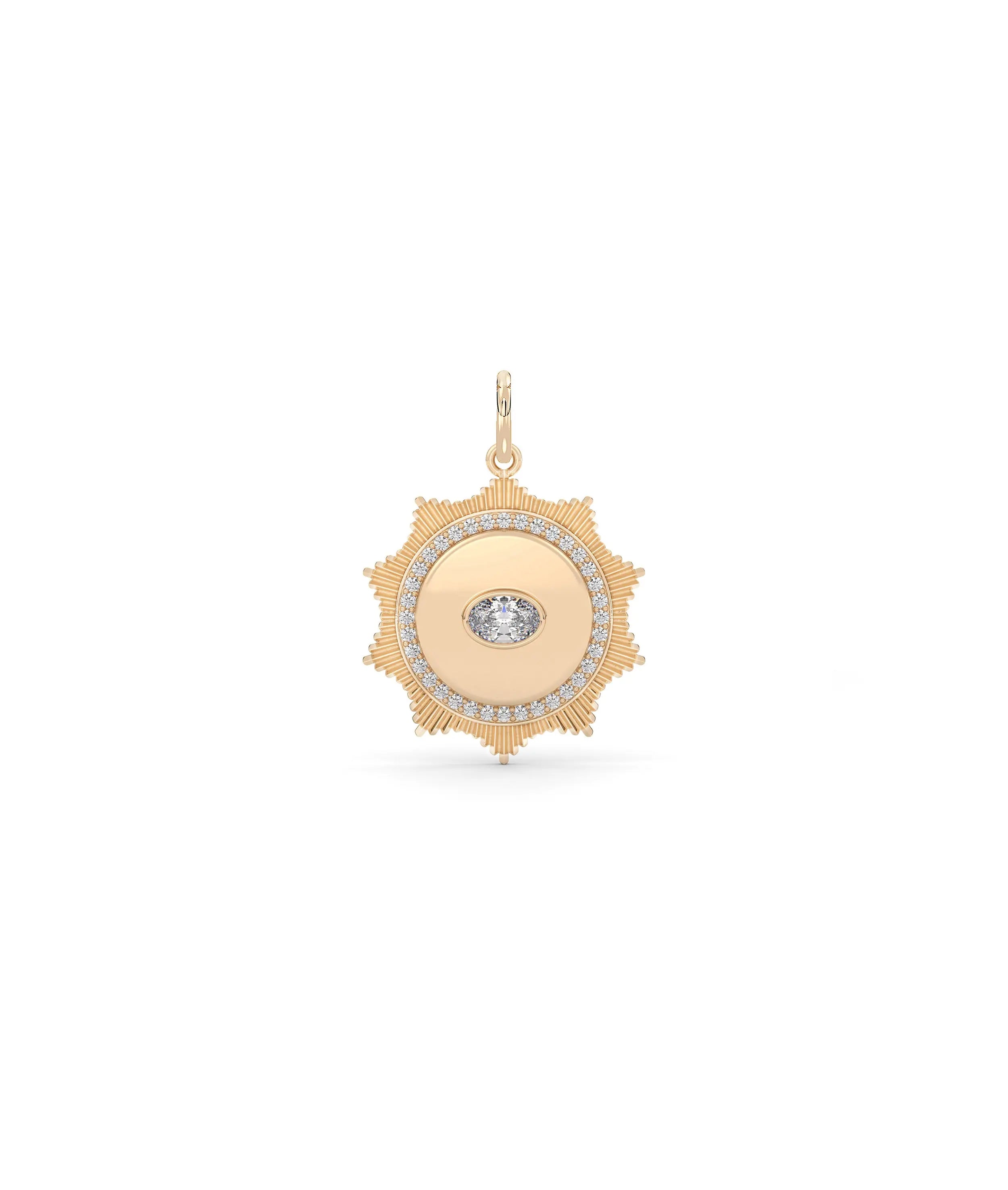 Rose gold fluted solitaire evil eye charm talismanic design with brilliant solitaire