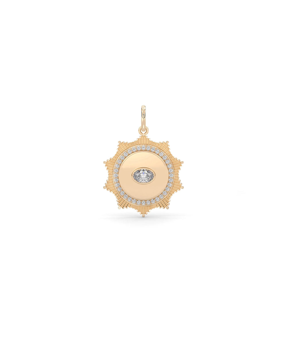 Rose gold fluted solitaire evil eye charm talismanic design with brilliant solitaire