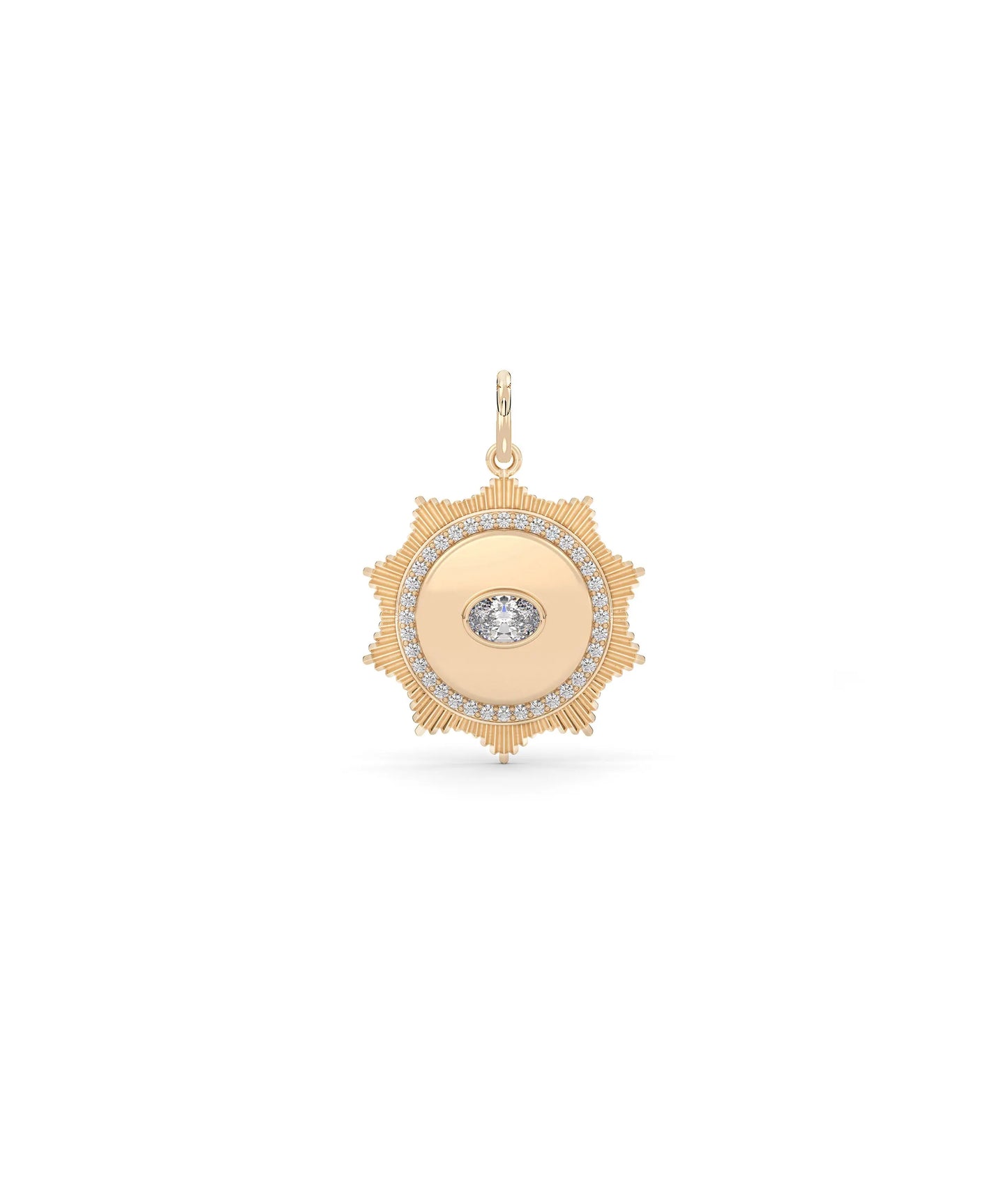 Rose gold fluted solitaire evil eye charm talismanic design with brilliant solitaire
