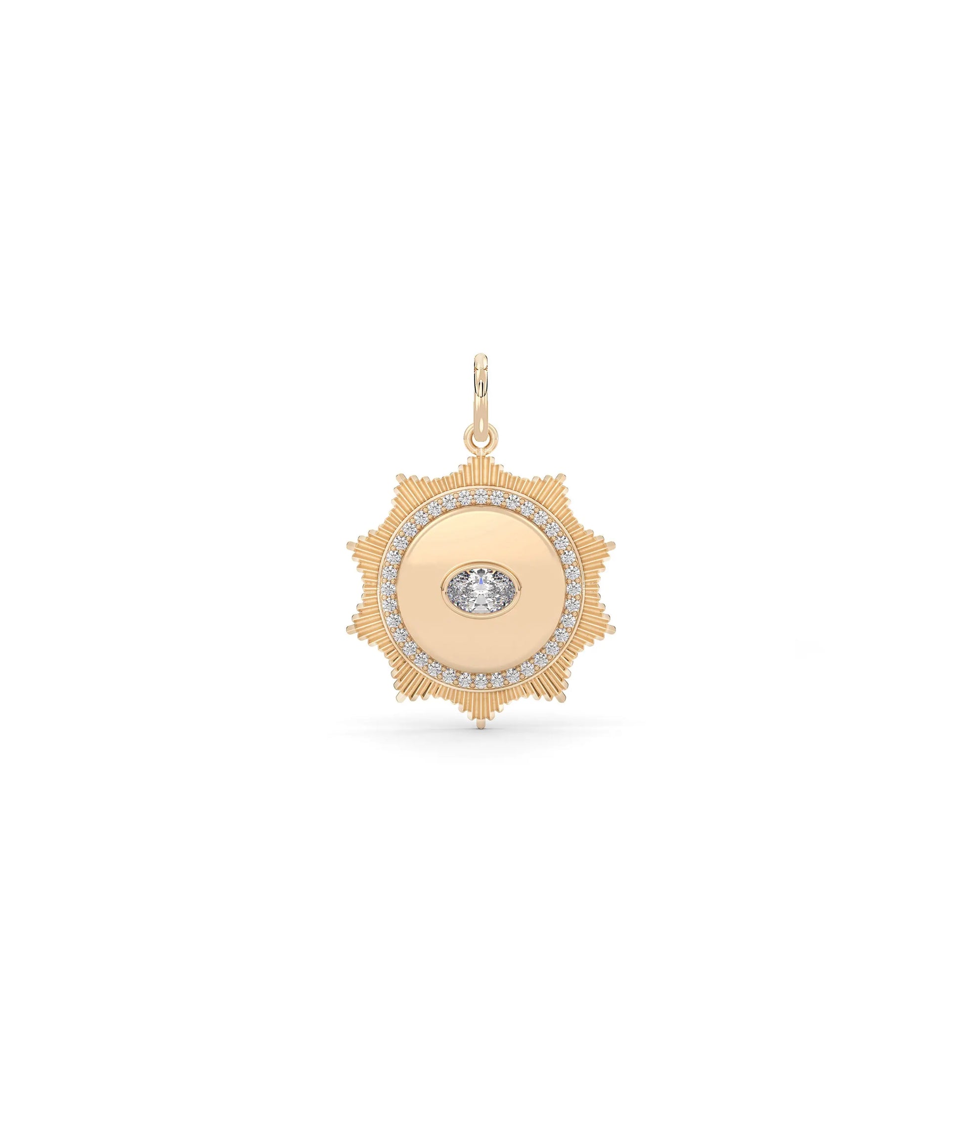 Rose gold fluted solitaire evil eye charm talismanic design with brilliant solitaire