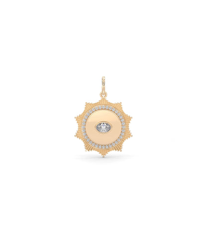 Rose gold fluted solitaire evil eye charm talismanic design with brilliant solitaire