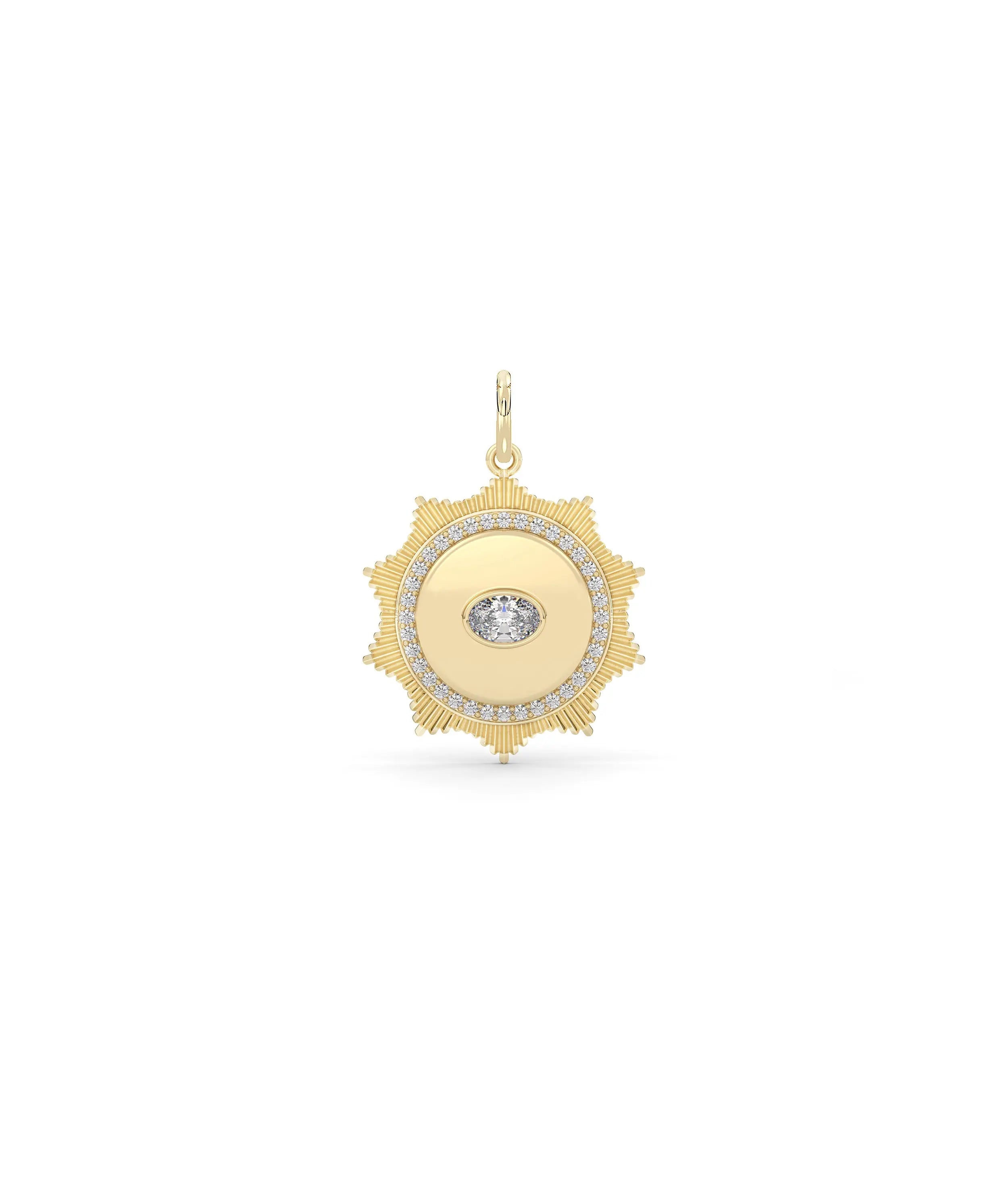 Fluted solitaire evil eye charm front view in yellow gold with center solitaire