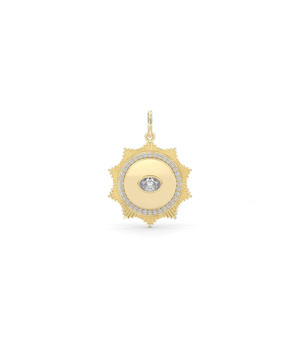 Fluted solitaire evil eye charm front view in yellow gold with center solitaire