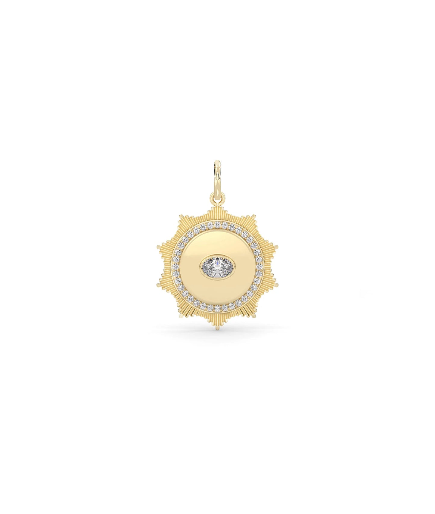 Fluted solitaire evil eye charm front view in yellow gold with center solitaire