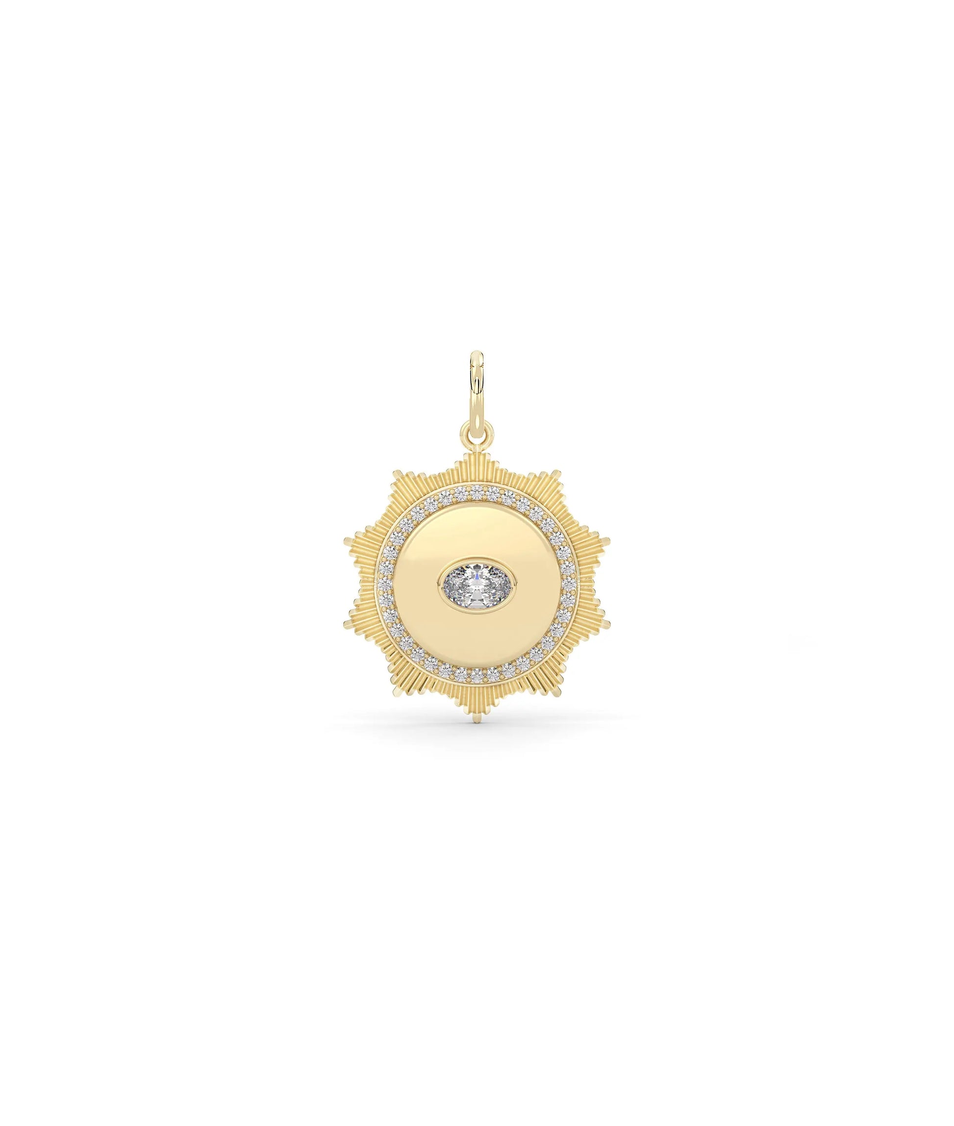 Fluted solitaire evil eye charm front view in yellow gold with center solitaire