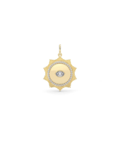 Fluted solitaire evil eye charm front view in yellow gold with center solitaire