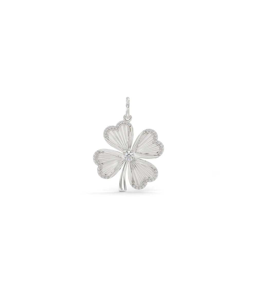White gold fluted clover charm with good fortune symbol and fluted texture