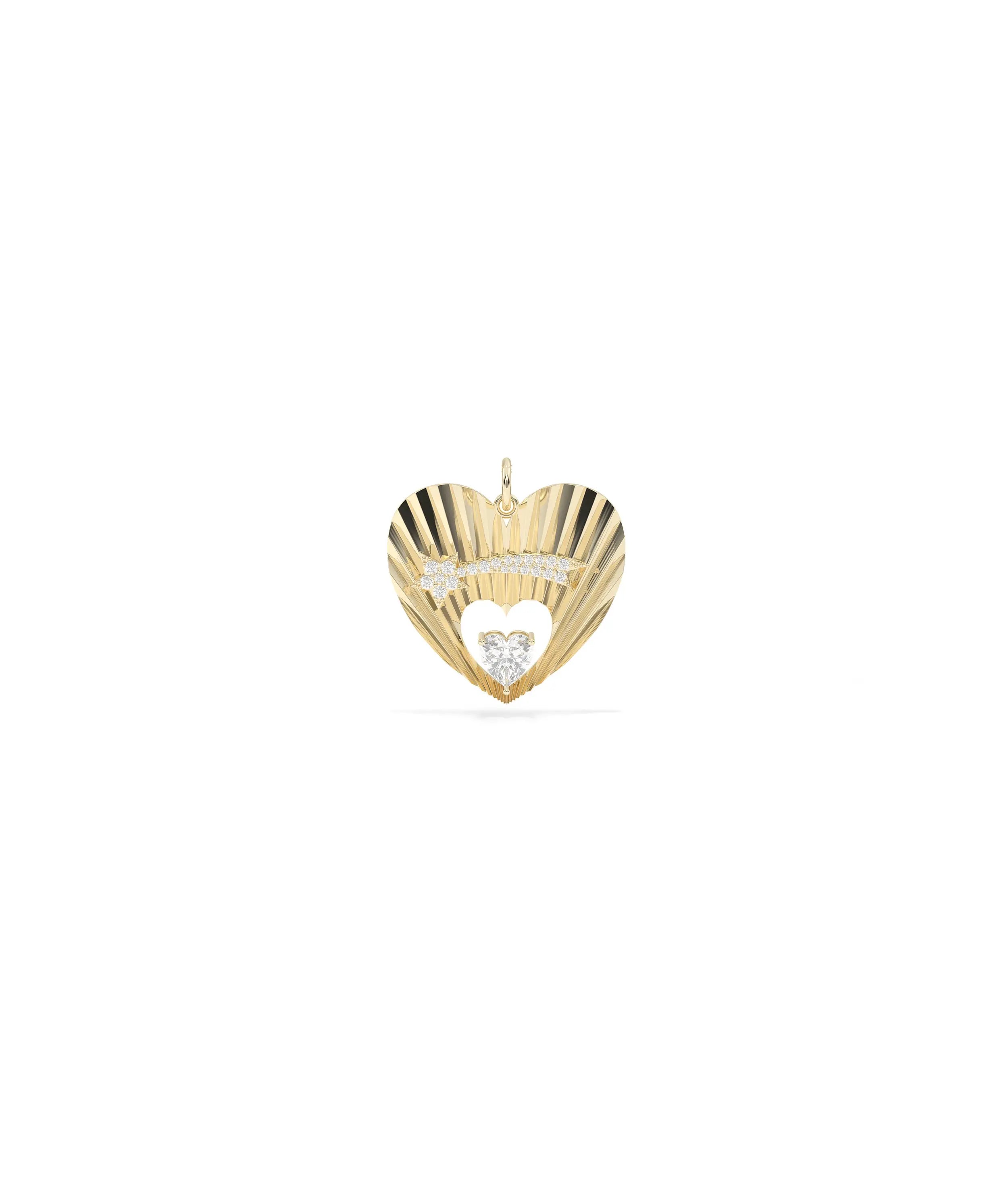Fluted shooting star heart charm front view in yellow gold with solitaire center