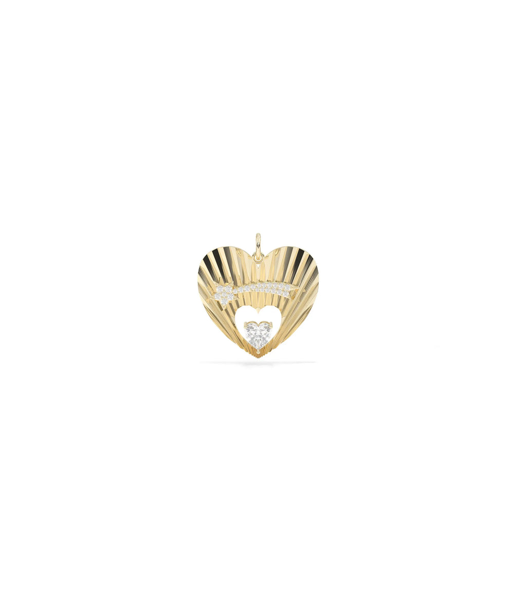 Fluted shooting star heart charm front view in yellow gold with solitaire center