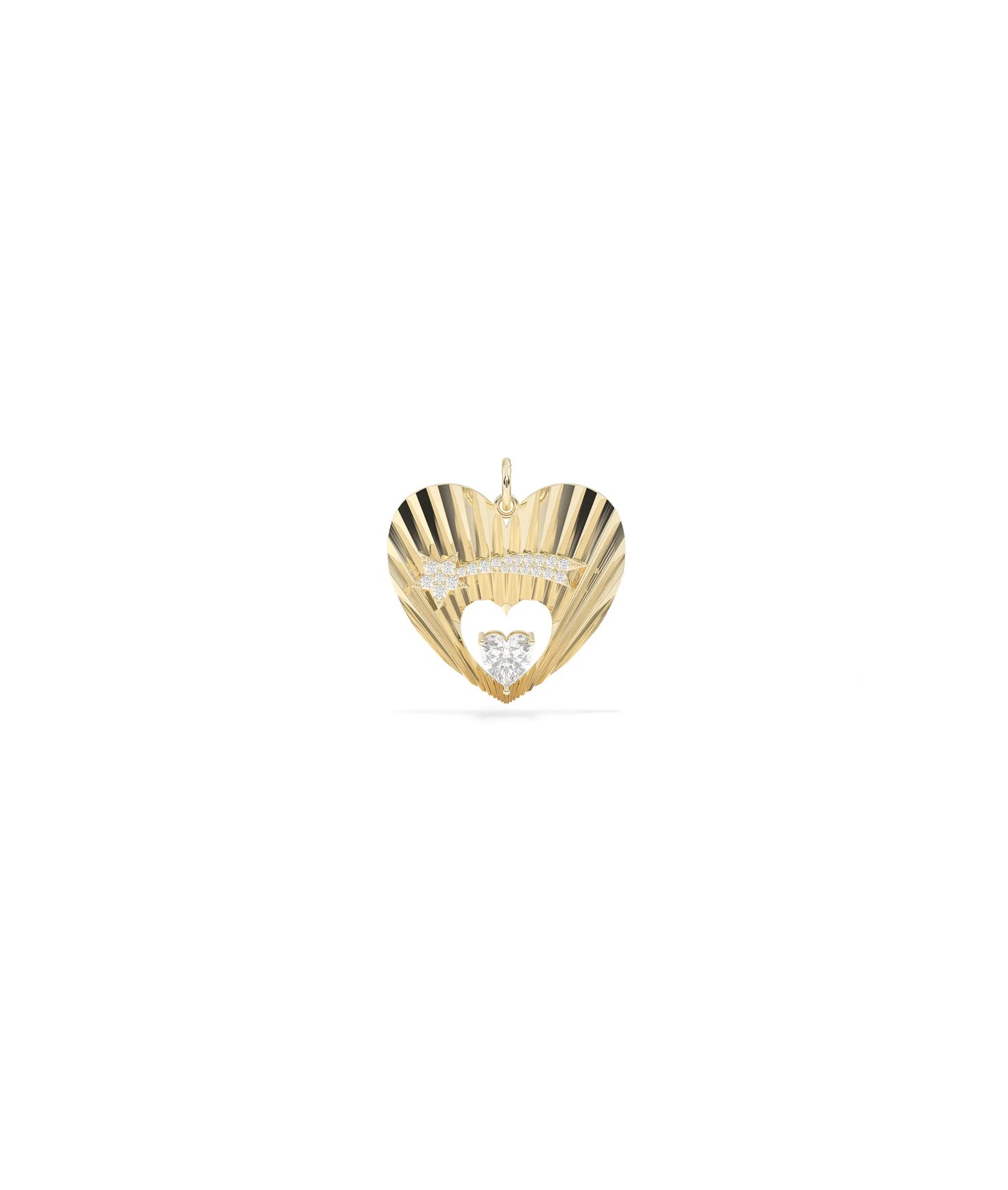 Fluted shooting star heart charm front view in yellow gold with solitaire center