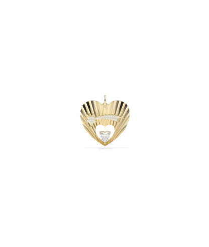 Fluted shooting star heart charm front view in yellow gold with solitaire center