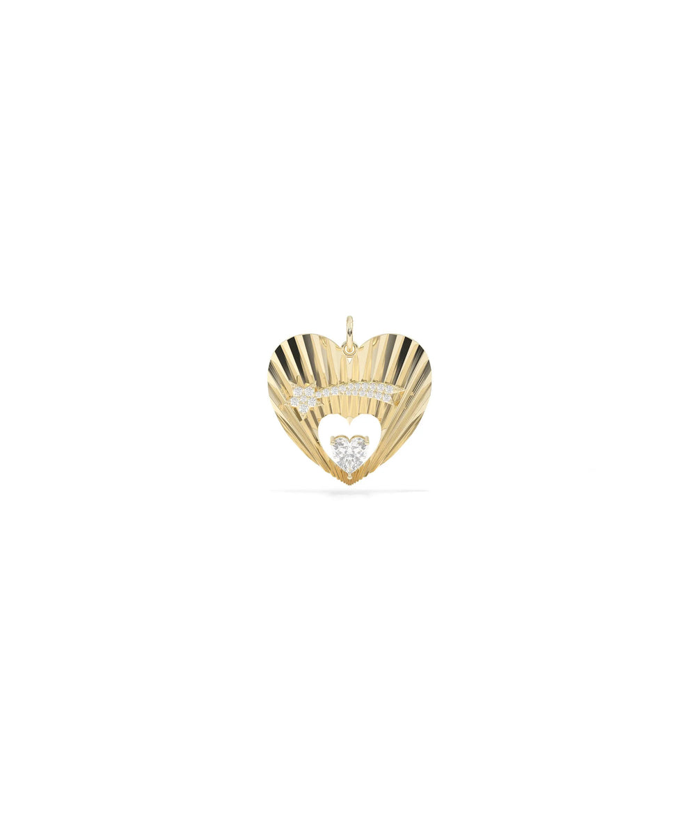 Fluted shooting star heart charm front view in yellow gold with solitaire center