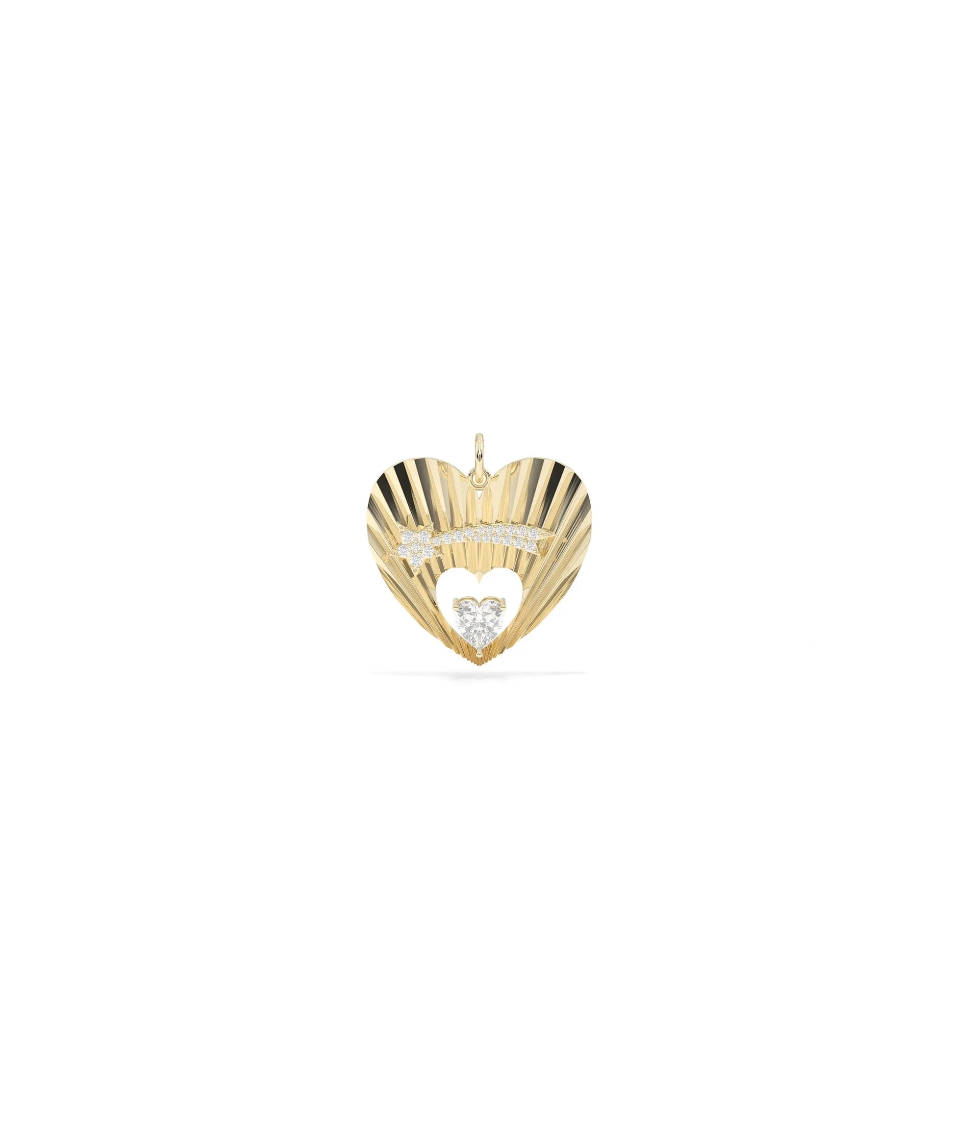 Fluted shooting star heart charm front view in yellow gold with solitaire center