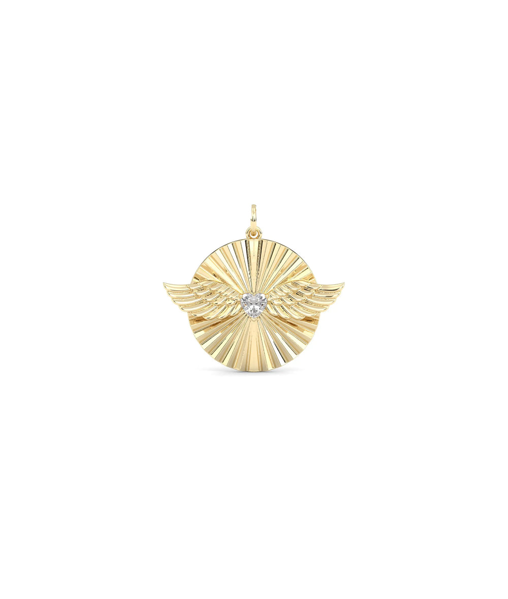 Fluted solitaire wings charm front view in yellow gold with center stone and wings
