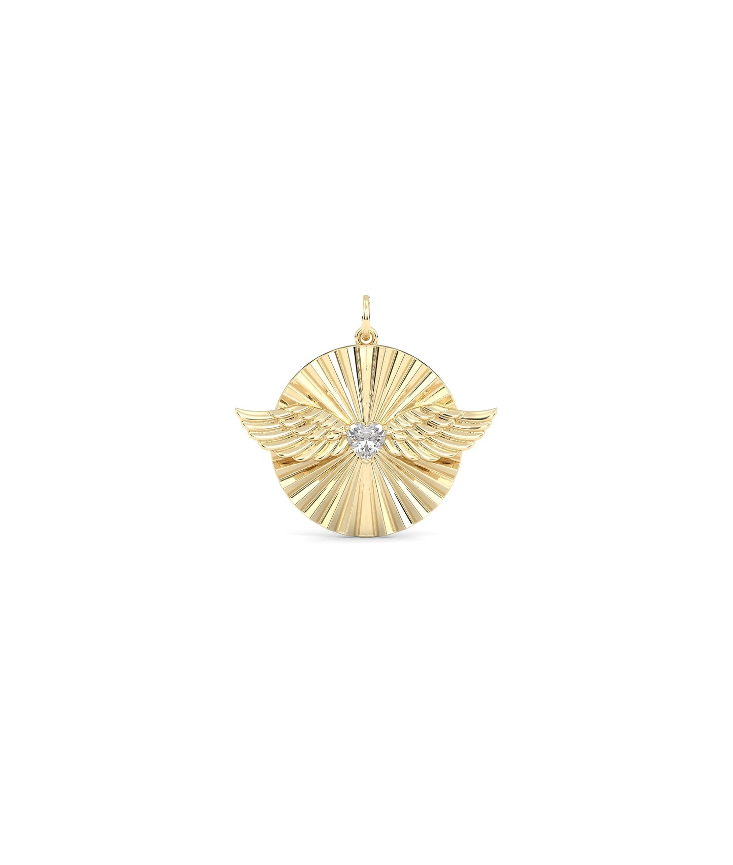 Fluted solitaire wings charm front view in yellow gold with center stone and wings