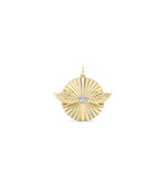 Fluted solitaire wings charm front view in yellow gold with center stone and wings