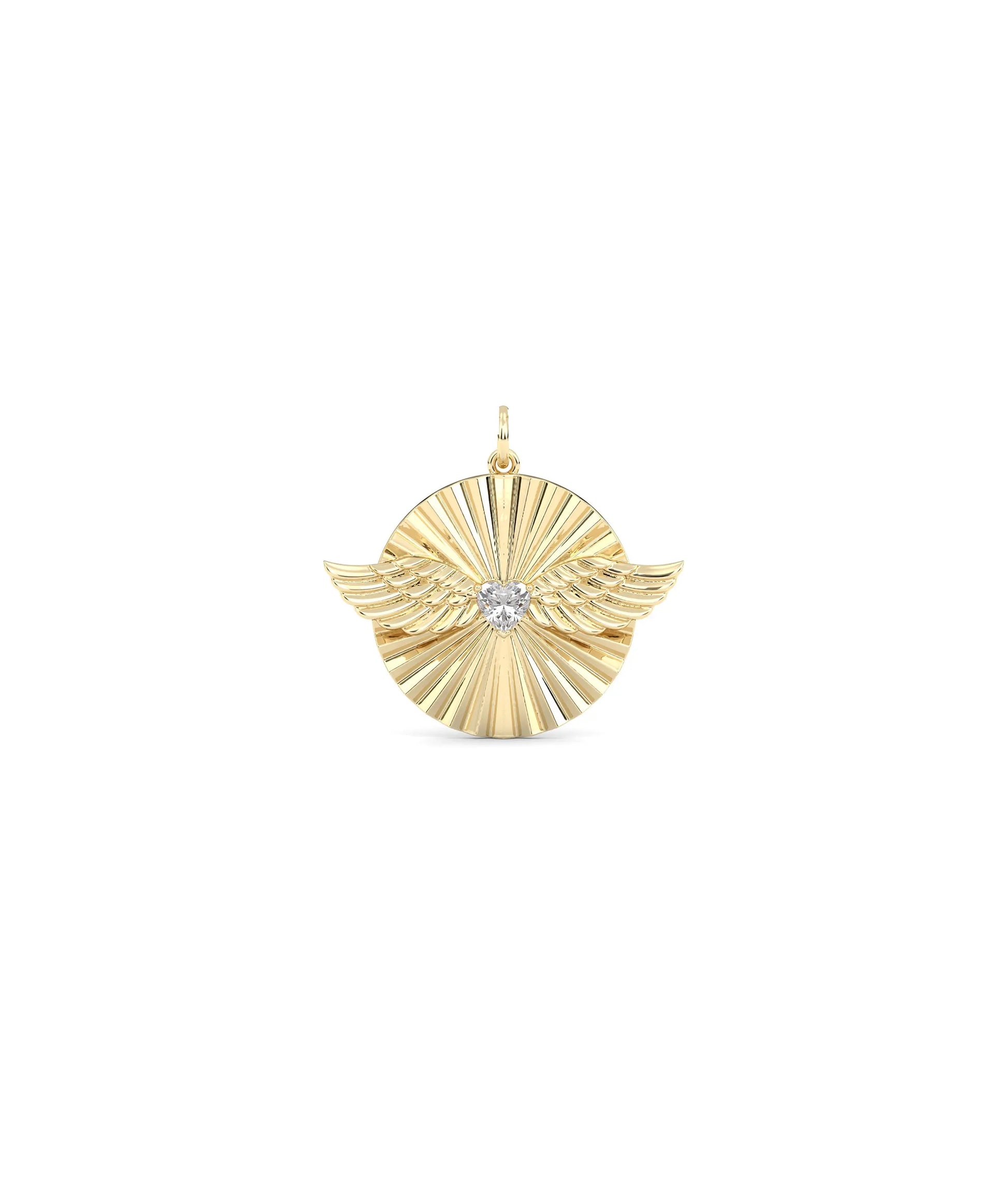 Fluted solitaire wings charm front view in yellow gold with center stone and wings