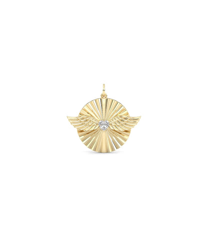 Fluted solitaire wings charm front view in yellow gold with center stone and wings