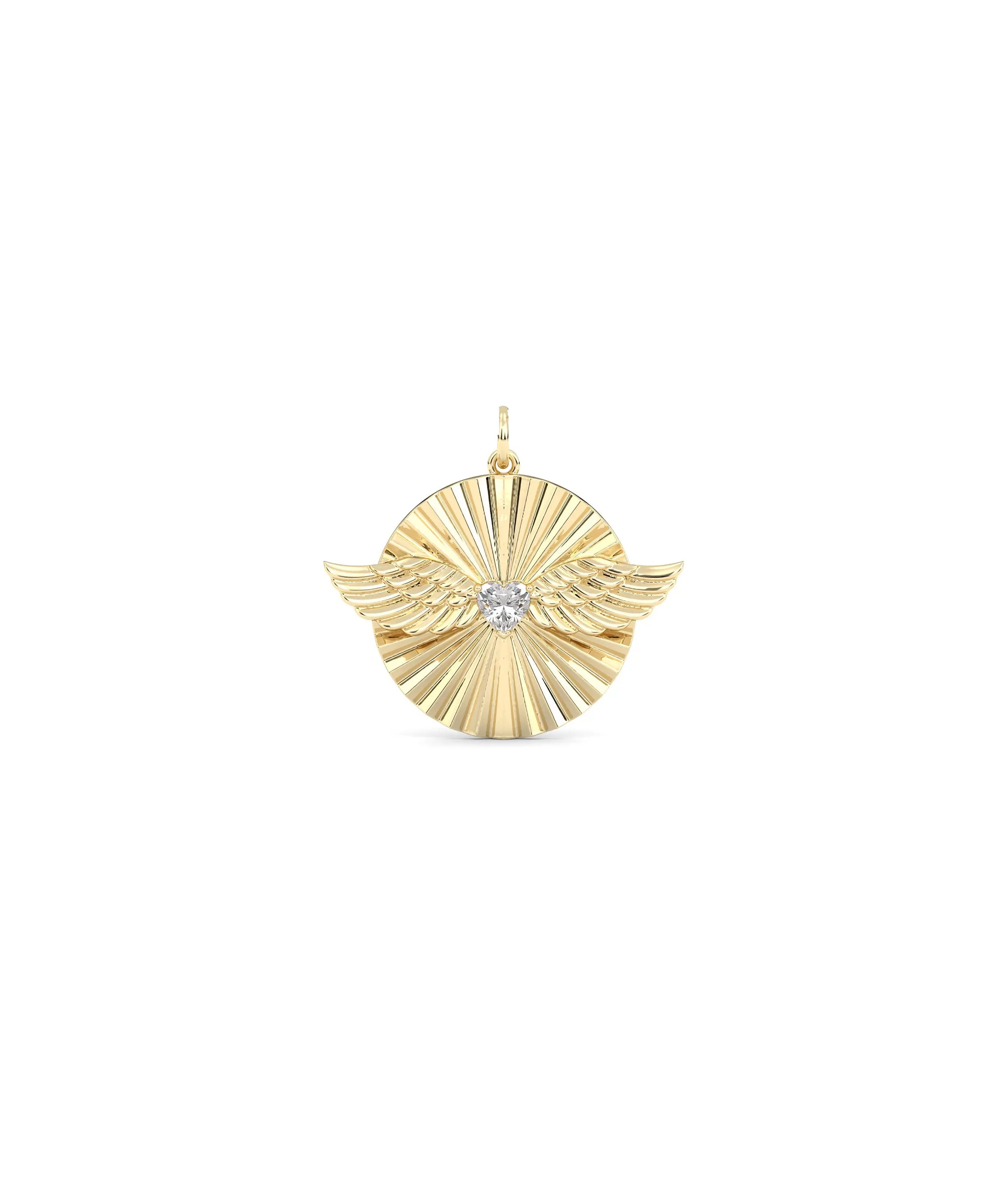 Fluted solitaire wings charm front view in yellow gold with center stone and wings
