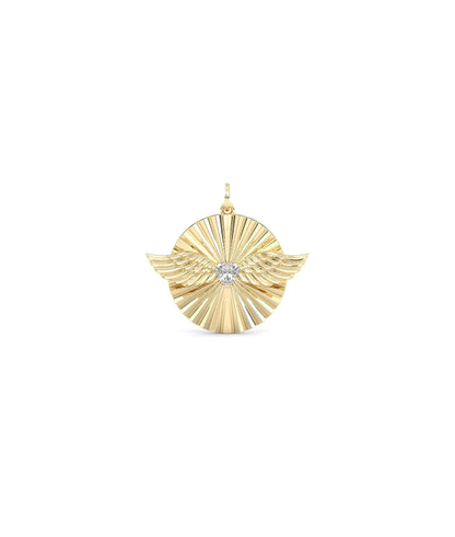 Fluted solitaire wings charm front view in yellow gold with center stone and wings