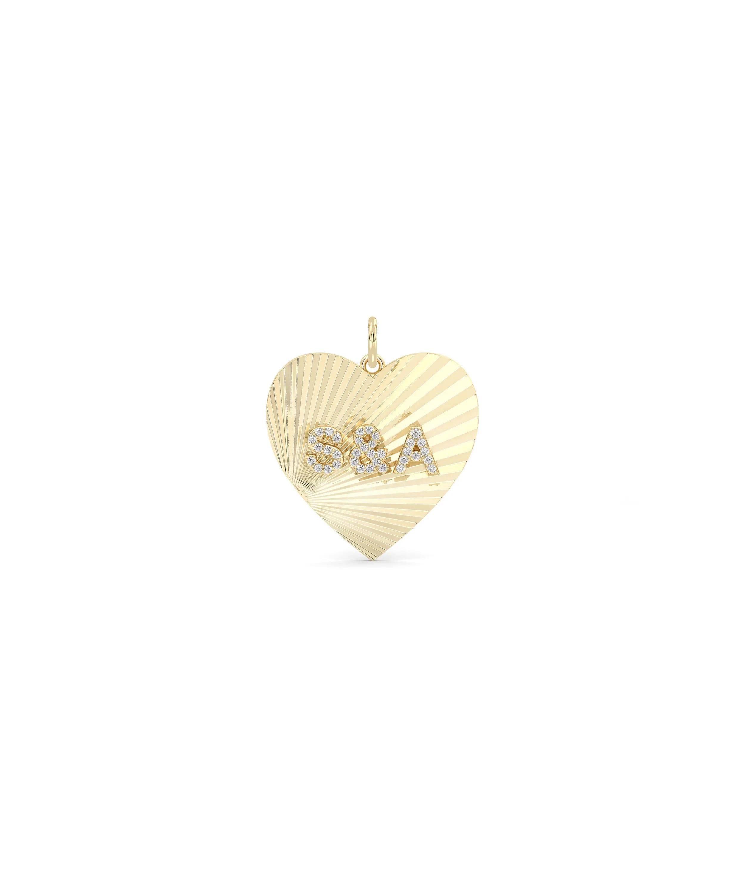 Fluted initials heart charm front view in yellow gold with delicate dual letters
