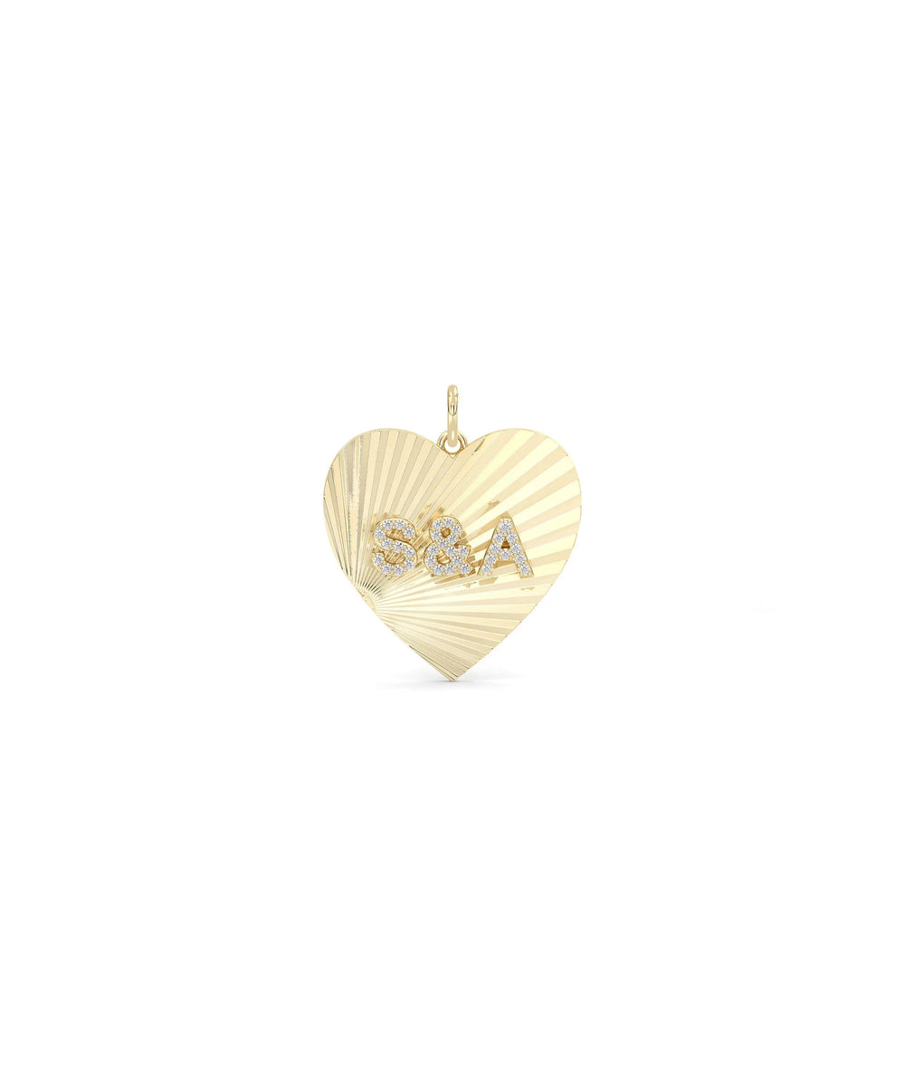 Fluted initials heart charm front view in yellow gold with delicate dual letters