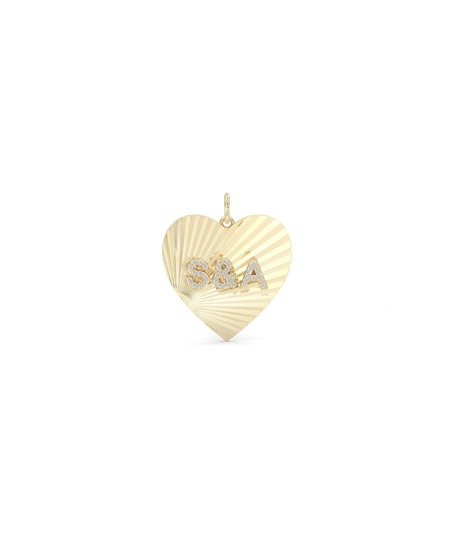 Fluted initials heart charm front view in yellow gold with delicate dual letters
